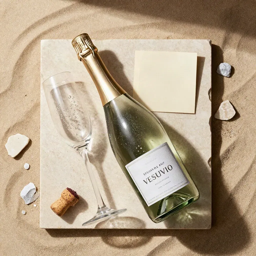Spumante brut con flute, sughero spezzato e frammenti di pietra calcarea su lastra chiara.