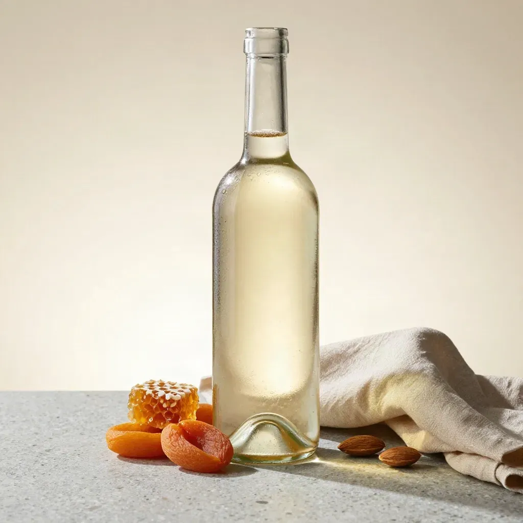 Bottiglia di Greco Passito con albicocca secca, miele, mandorla e lino chiaro.