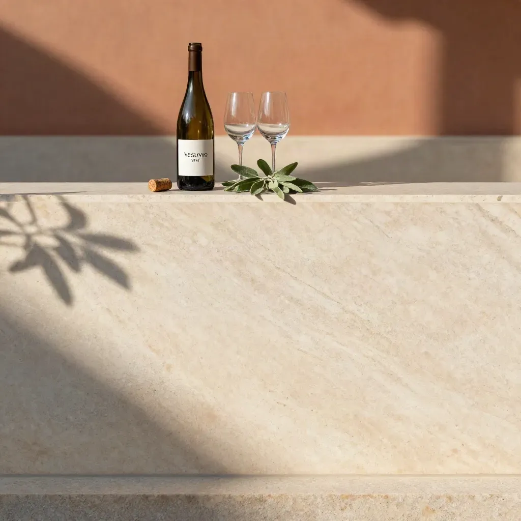 Mensola in travertino al sole con foglie di vite, bottiglia scura e bicchieri sfocati.